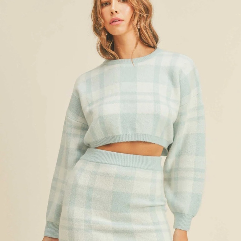 Mable Medium Ensley Plaid Sweater ~ Blue & White Cropped Crop Preppy Clueless